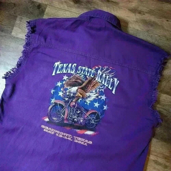 TX State Ralley 2011 Men's Motorcycle Denim Purple Sleeveless Buttondown Size L - Picture 2 of 9